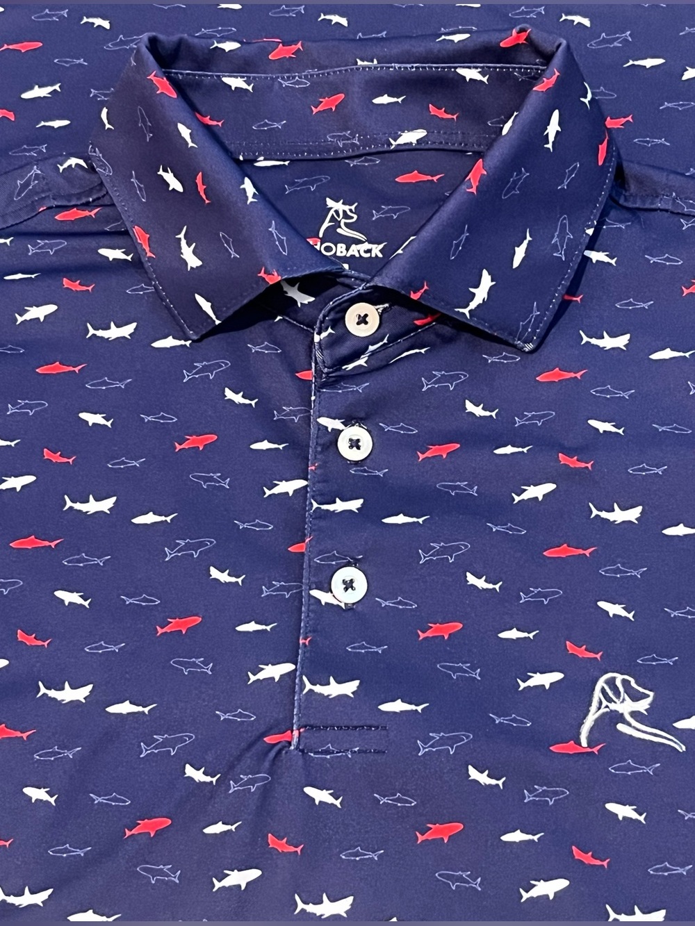 RHOBACK - SHARKS ALL OVER Men’s Blue Golf Stretch Polo Shirt EUC $110 RARE AOP